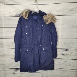 Swiss Tech blue faux fur hood zip front winter jacket size medium